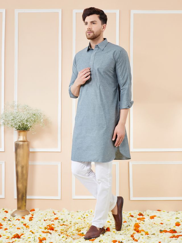 Men Grey Cotton Solid Pathani Kurta