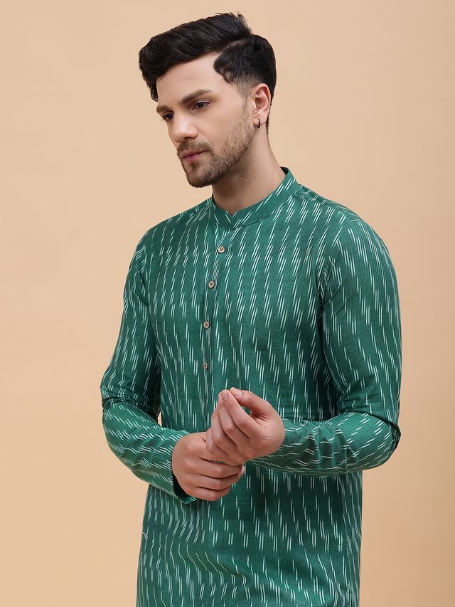 Men Green & White Pure Cotton Printed Straight Kurta With pyjama