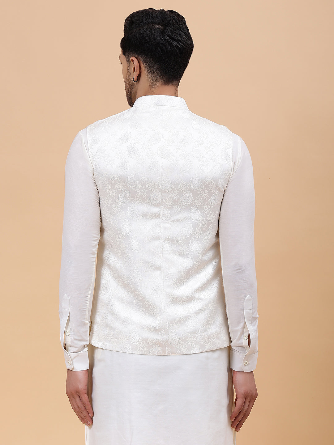 Men Off White & Gold Woven Design Jacquard Nehru Jacket