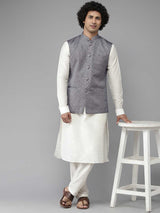 Men Blue & White Solid Kurta Pajama With Nehru jacket