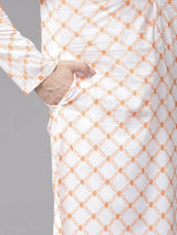 Men White with Orange Floral Pattern Pure Cotton Embroidered Straight Kurta With Pajama