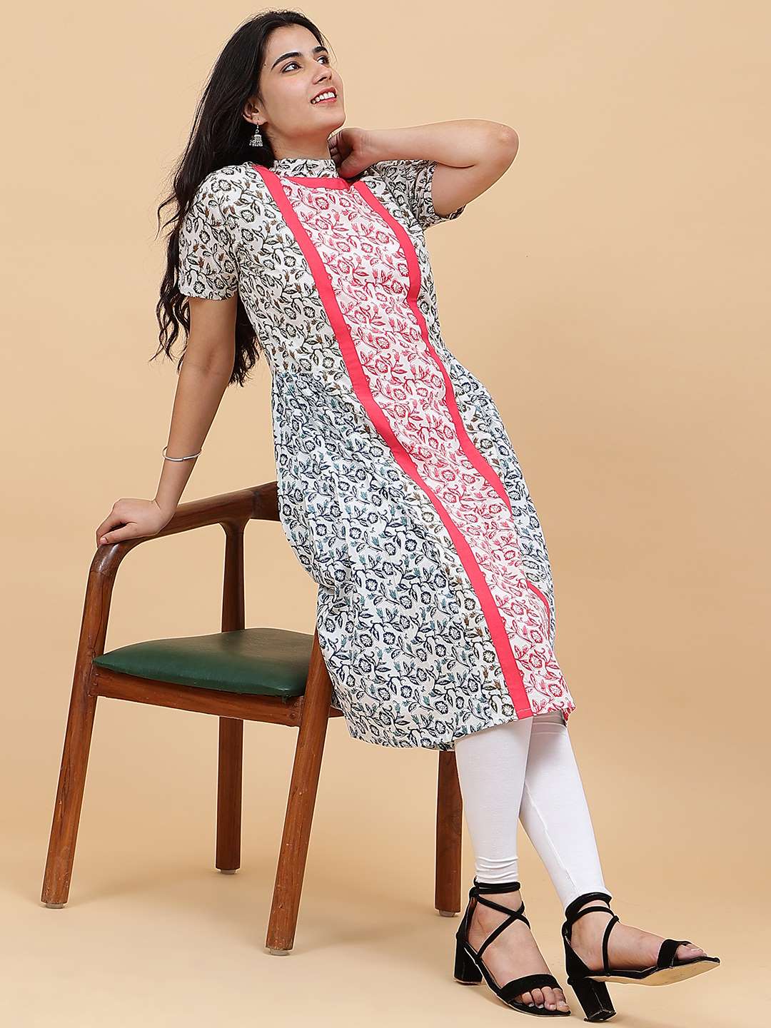 Women White with Multicolor Floral Printed Yoke Design Cotton Kurti