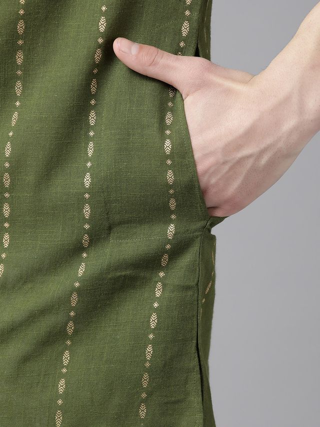 Men Green & Gold Stripe Printed Straight Kurta With Pyjama