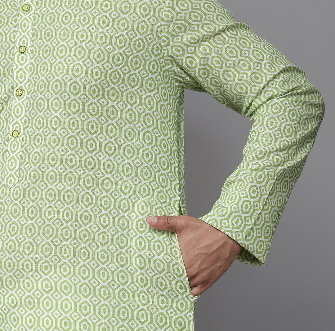 Men Lime Green & White Printed Pure Cotton Straight Kurta