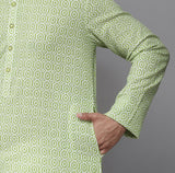 Men Lime Green & White Printed Pure Cotton Straight Kurta