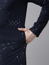 Men Navy Blue Floral Embroidered Sequined Rayon Kurta