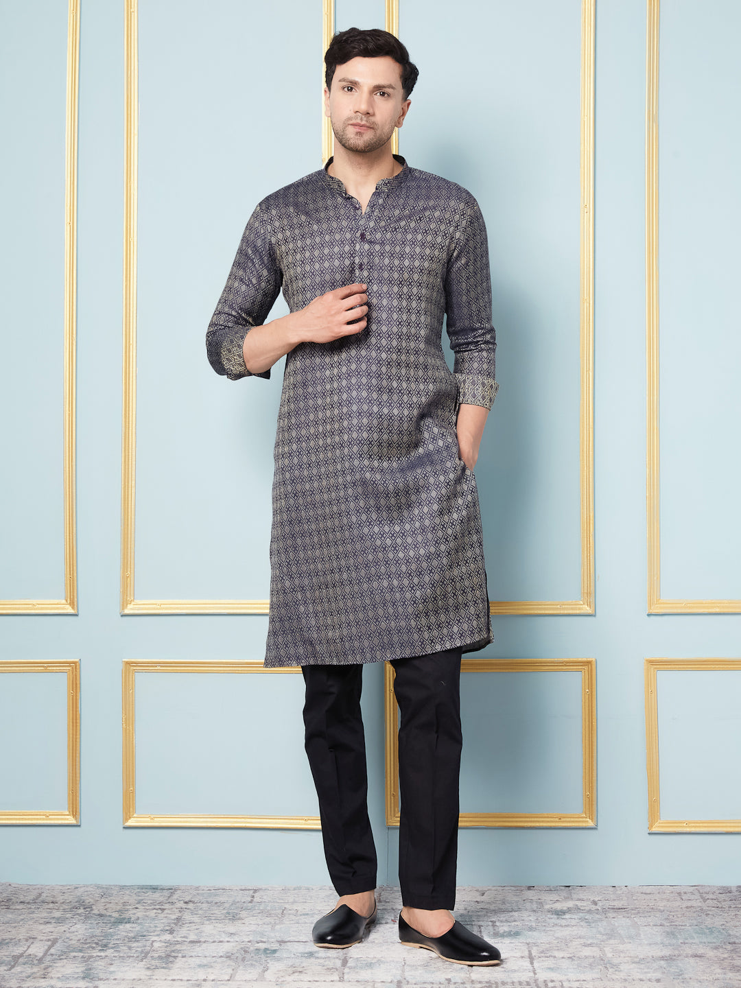Men Blue & Gold Woven Design Thread Work Kurta With pyjama