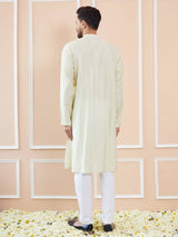 Men Cream with Subtle Gold Shimmer Chanderi Silk Sequins Kurta With Pajama