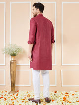 Men Maroon Cotton Solid Pathani Kurta