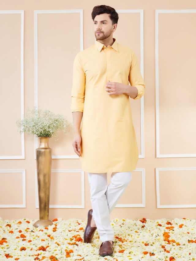 Men Yellow Cotton Solid Pathani Kurta