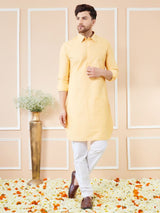 Men Yellow Cotton Solid Pathani Kurta