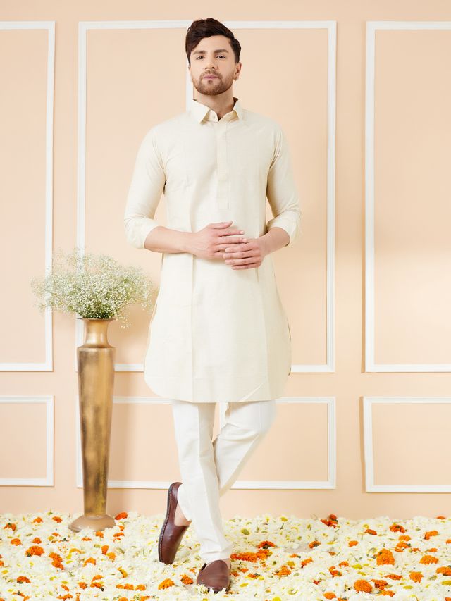 Men Cream Cotton Solid Pathani Kurta