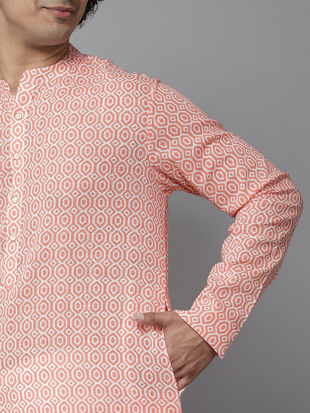 Men Peach-Coloured & White Printed Pure Cotton Straight Kurta