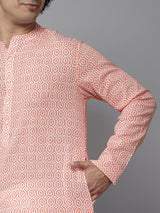 Men Peach-Coloured & White Printed Pure Cotton Straight Kurta