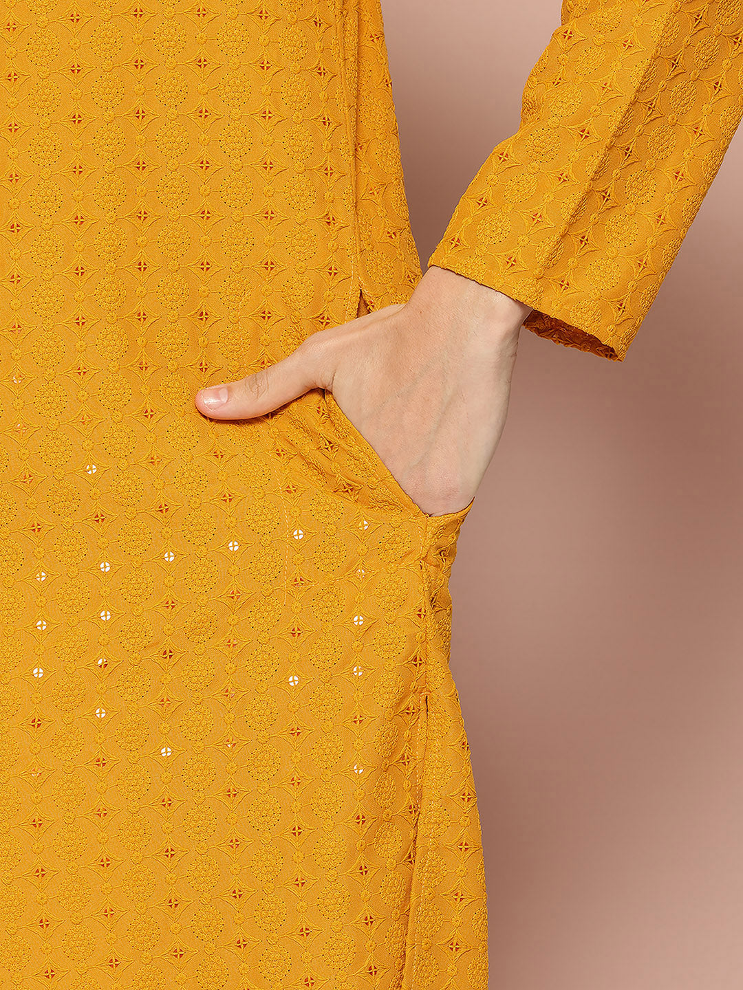 Men Mustard Embroidered Sequin Rayon Kurta