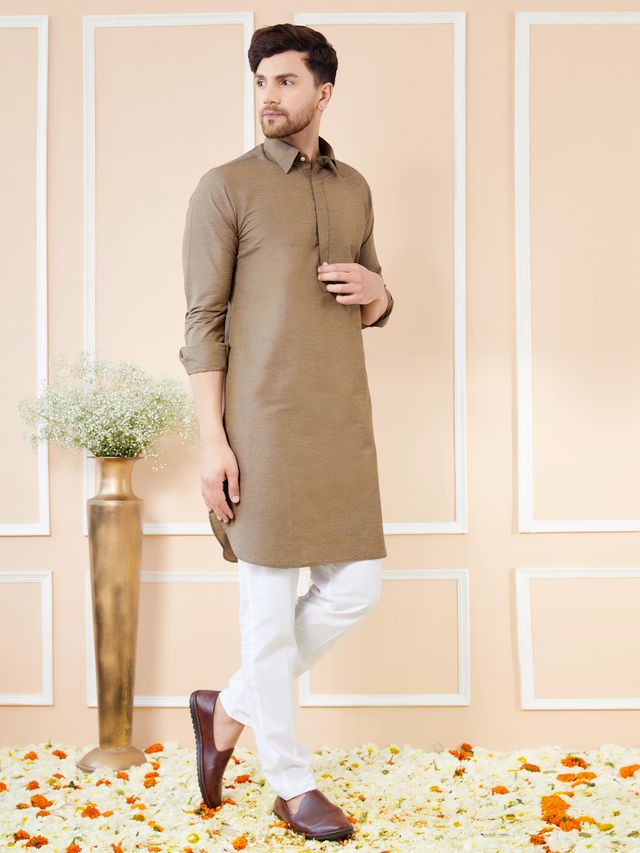Men Brown Cotton Solid Pathani Kurta