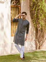 Men Midnight Blue with Stripes Pintex Design Sequins Cotton Kurta With Pajama