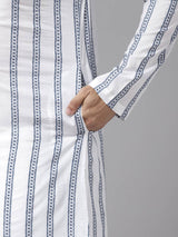 Men White with Navy Blue Vertical Pattern Pure Cotton Embroidered Straight Kurta With Pajama