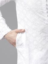 Men White Pure Cotton Chikankari Embroidered Straight Kurta