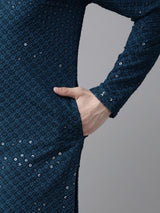 Men Teal Blue Floral Embroidered Sequin Rayon Kurta
