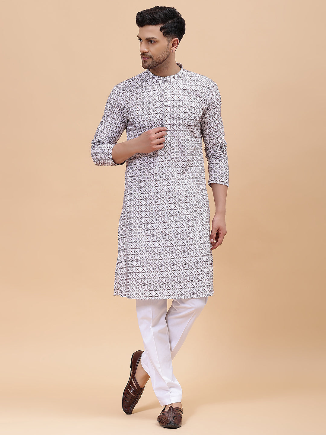 Men Off White & Brown Pure Cotton Embroidered Straight Kurta With pyjama