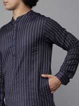 Men Blue & Grey-Toned Woven Design Kurta