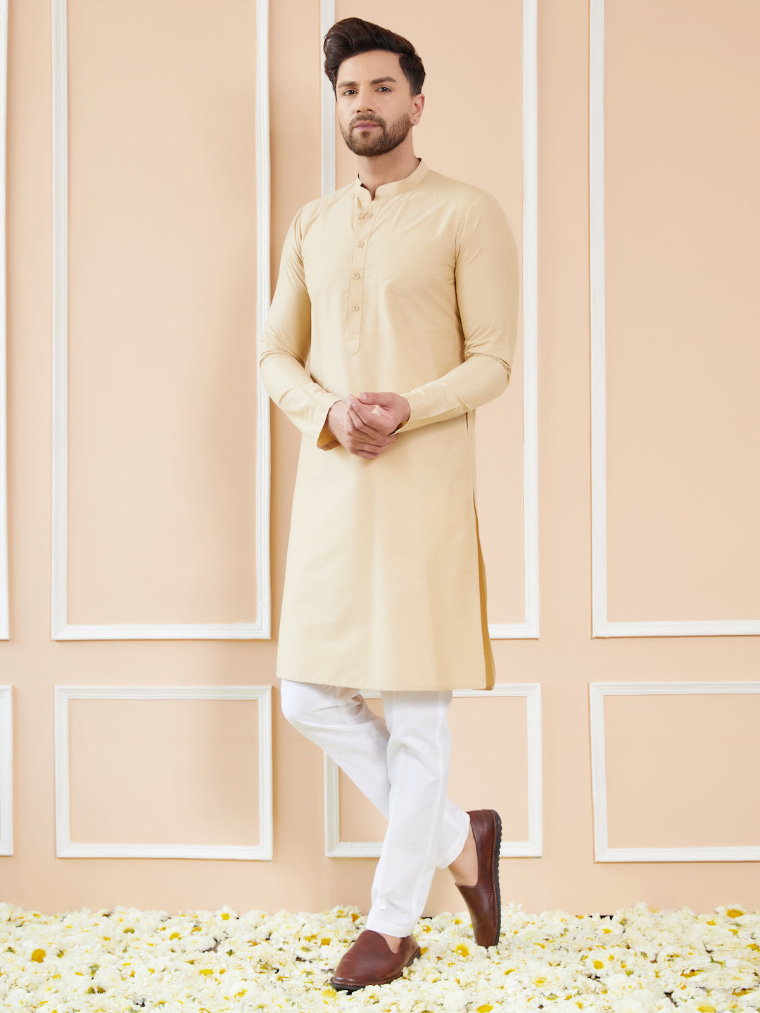Men Cream Cotton Solid Straight Kurta