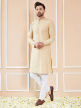Men Cream Cotton Solid Straight Kurta