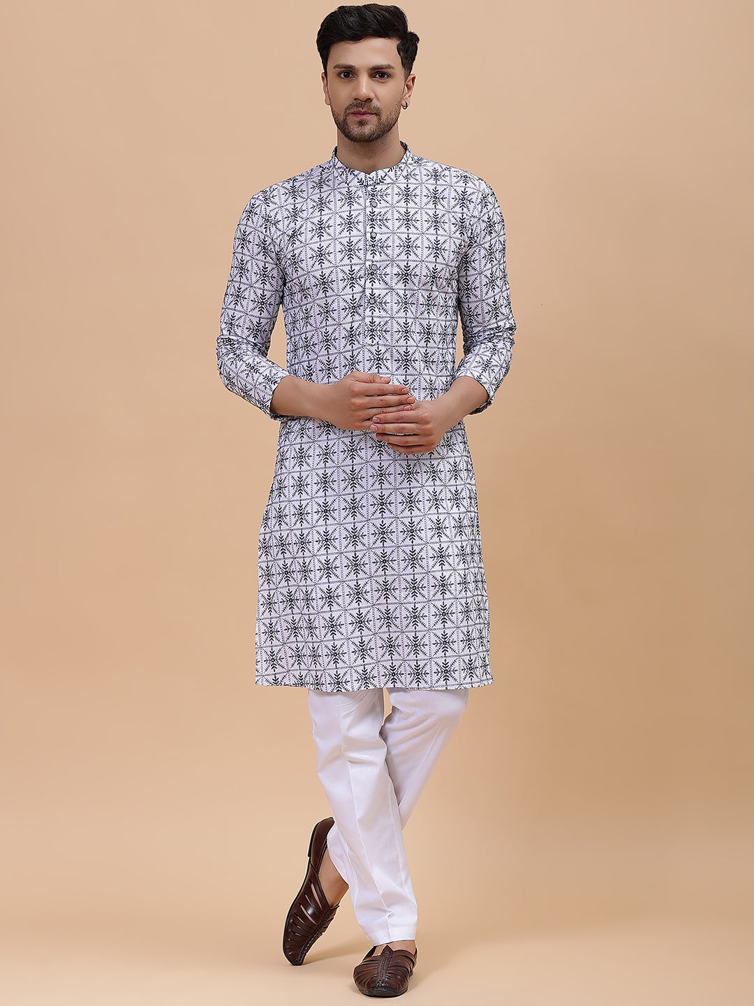 Men Off White & Blue Pure Cotton Embroidered Straight Kurta With pyjama