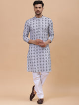 Men Off White & Blue Pure Cotton Embroidered Straight Kurta With pyjama