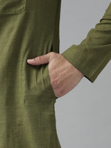 Men Olive Green Cotton Straight Kurta with Slub Effect