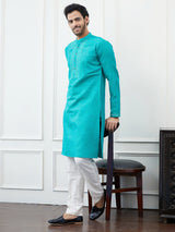 Riwaat.com Men Turquoise Sequence Mirror Work Cotton Kurta Riwaat Embroidered