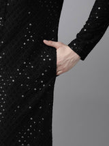 Men Black Floral Embroidered Sequined Rayon Kurta