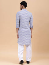 Men Grey & White Pure Cotton Printed Straight Kurta With Pajama