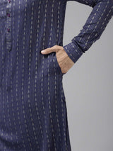 Men Blue & Beige Woven Design Thread Work Kurta