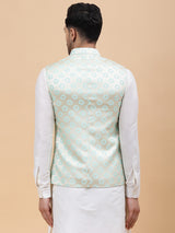 Men Gold & Turquoise Blue Woven Design Jacquard Nehru Jacket