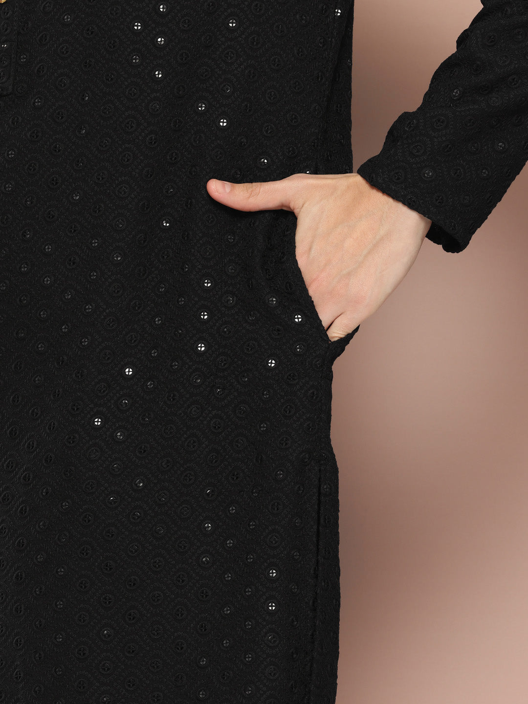 Men Black Embroidered Sequin Rayon Kurta