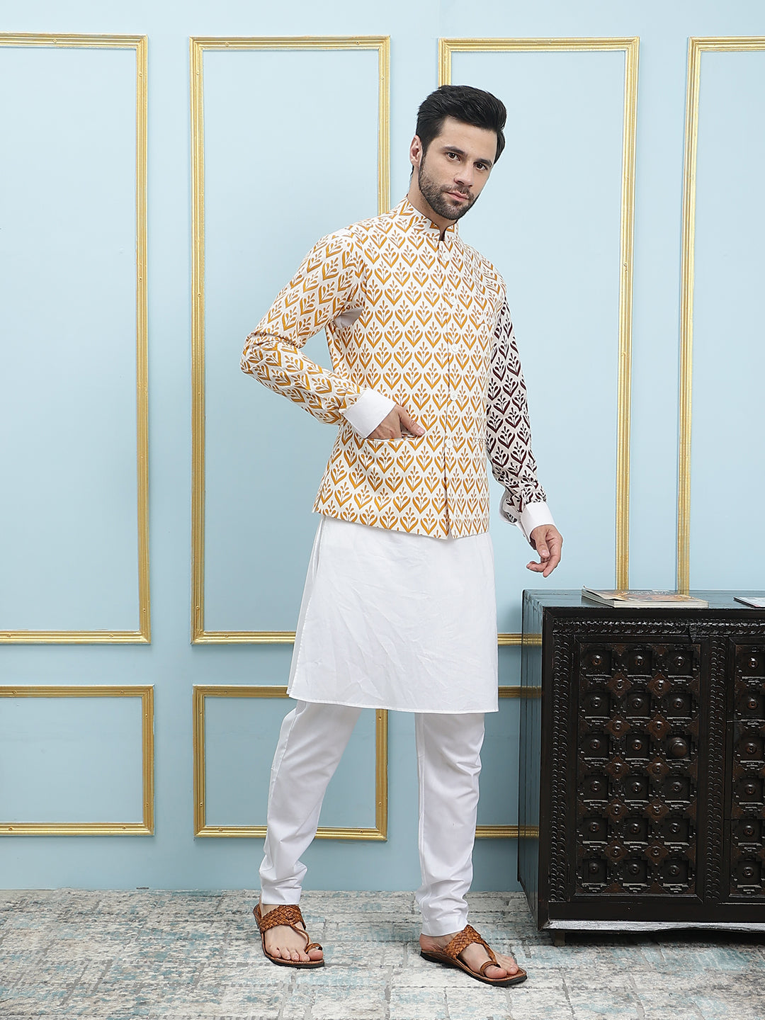 Men Off White And Yellow Color Printed Cotton Nehru Jacket