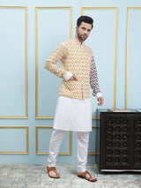 Men Off White And Yellow Color Printed Cotton Nehru Jacket