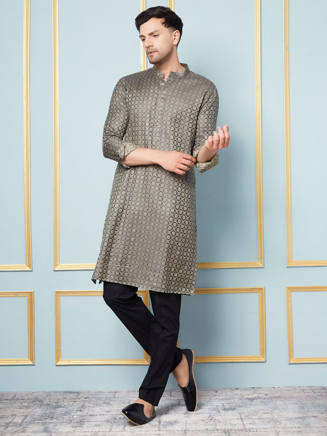 Men Charcoal & Green Woven Design Thread Work Kurta