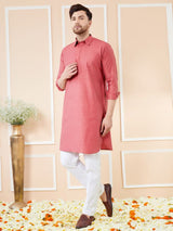 Men Red Cotton Solid Pathani Kurta