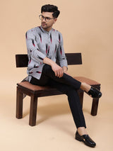 Men Grey & Black Pure Cotton Printed Straight Kurta With pyjama