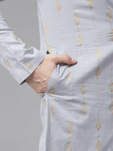 Men Grey & Gold Pure Cotton Embroidered Straight Kurta With Pajama