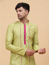 Riwaat.com Men Lime Green Coloured Silk Woven Design Straight Kurta Riwaat Mehendi Silk Woven Design