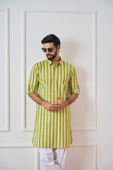 Men Lime Green Regular Pure Cotton Pathani Kurta With White Salwar