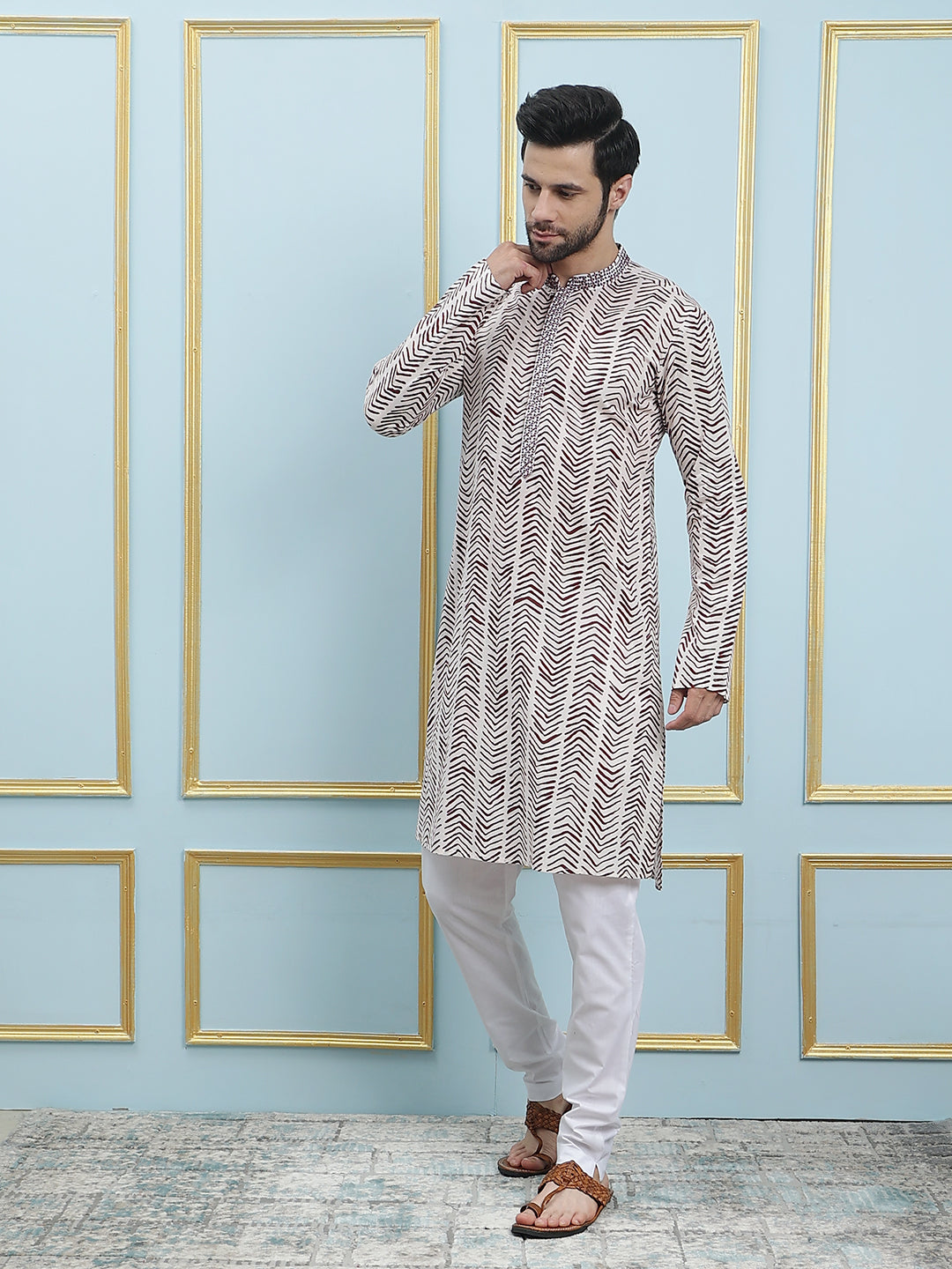 Riwaat.com Men White & Maroon Flacket Embroidery Cotton Kurta Riwaat Embroidered