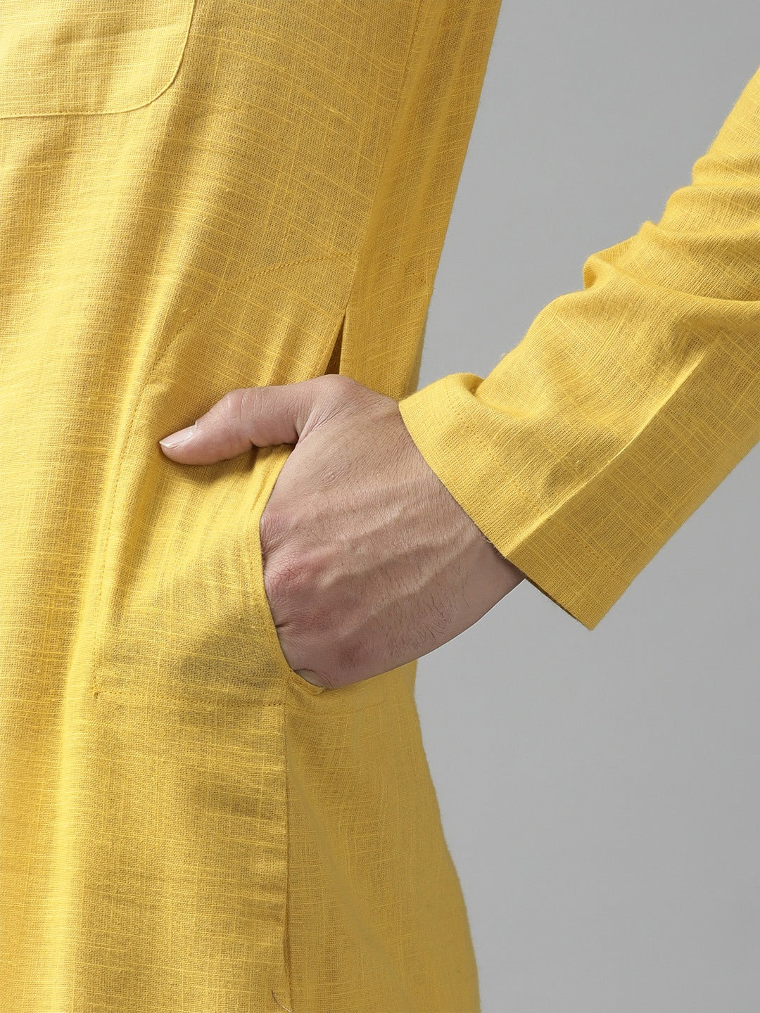 Men Yellow Cotton Straight Kurta with Slub Effect