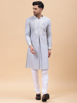 Men Grey Zari Wark Silk Woven Design Straight Kurta
