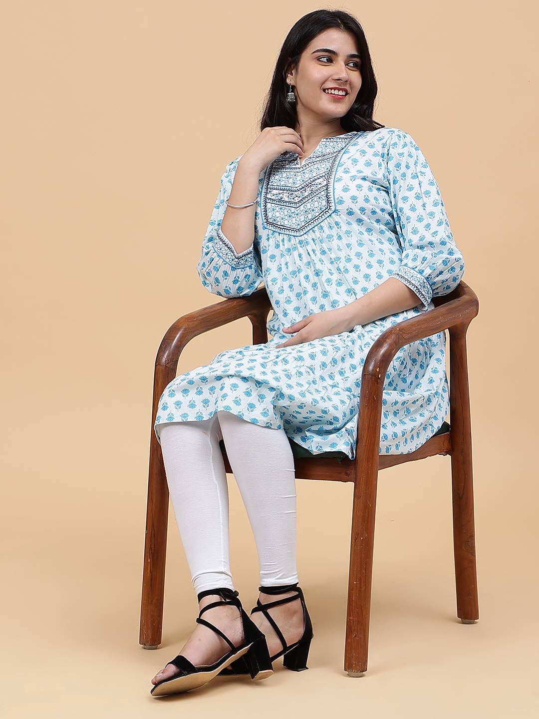 Women Light Blue with Blue Floral Pattern Yoke Design Embroidery Cotton Kurti