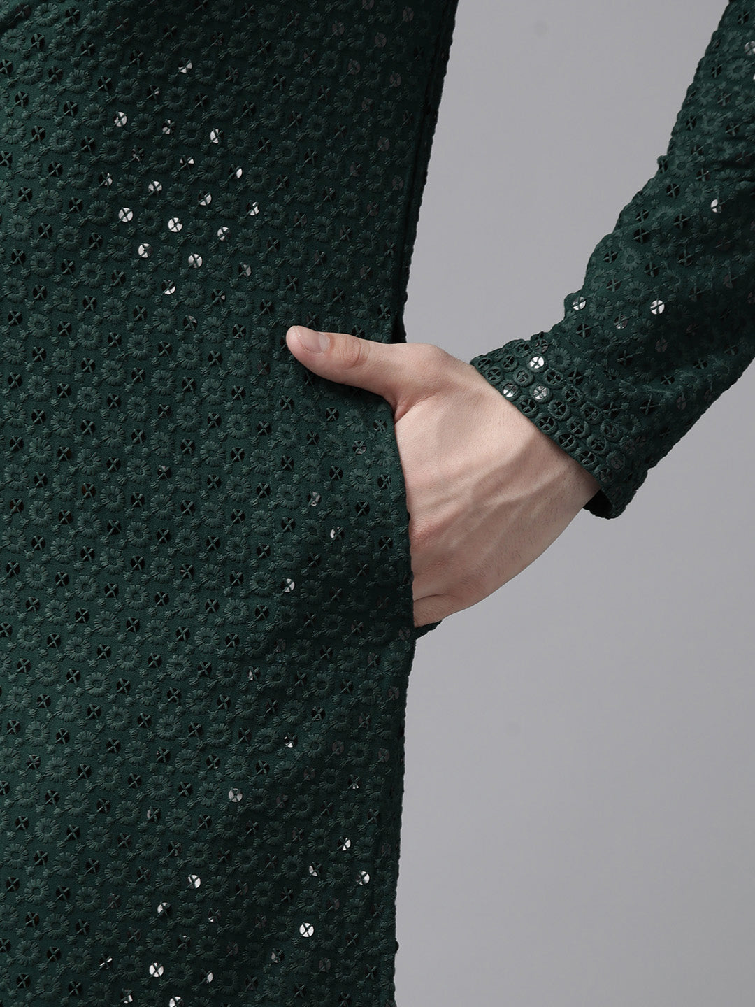 Men Green Floral Embroidered Sequin Rayon Kurta